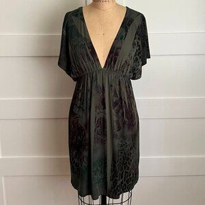 Plunging Neckline Lycra Stretch Dress, Green Plum Leopard, Size SM, Made in USA
